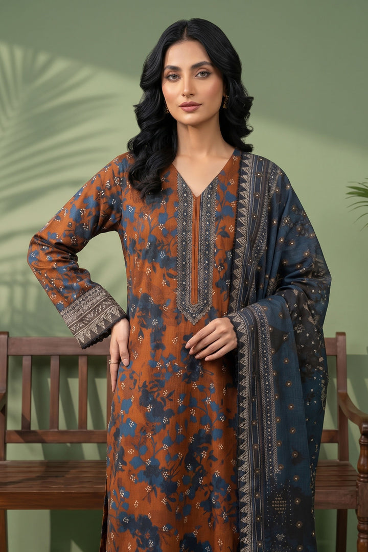 3 Piece Unstitched Brown Premium Linen