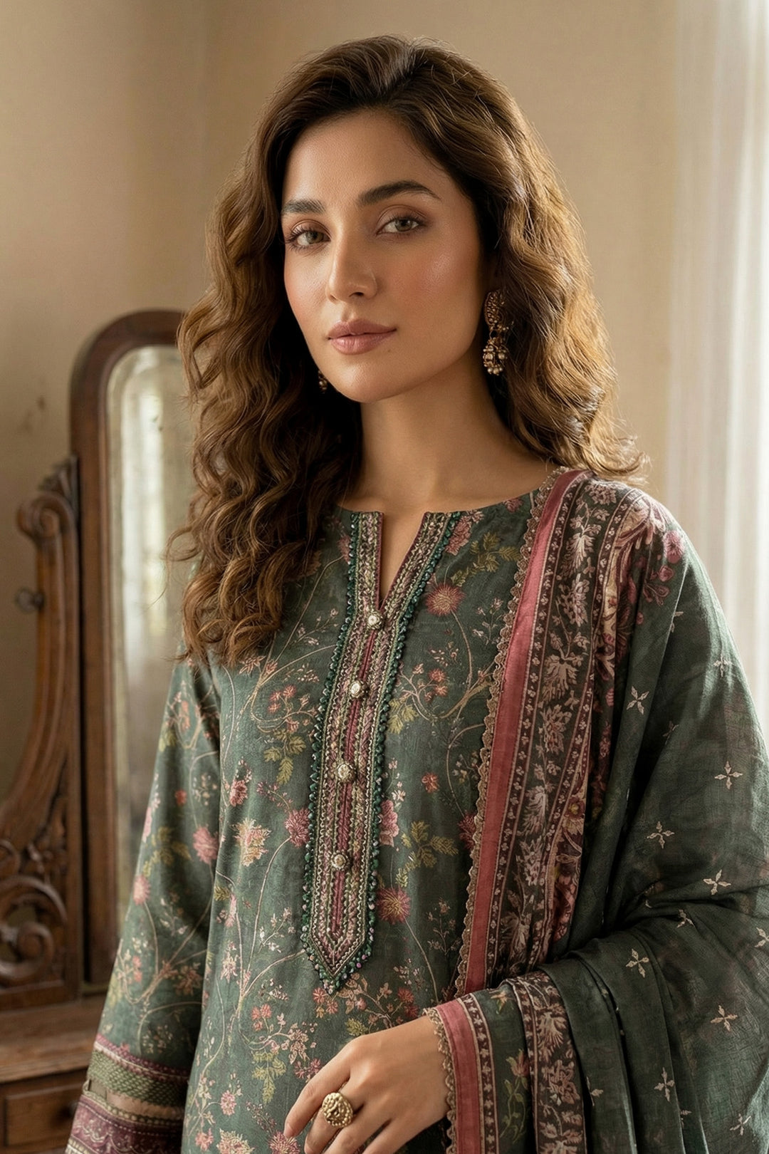 3 Piece Unstitched Feldgrau Green Premium Printed Lawn