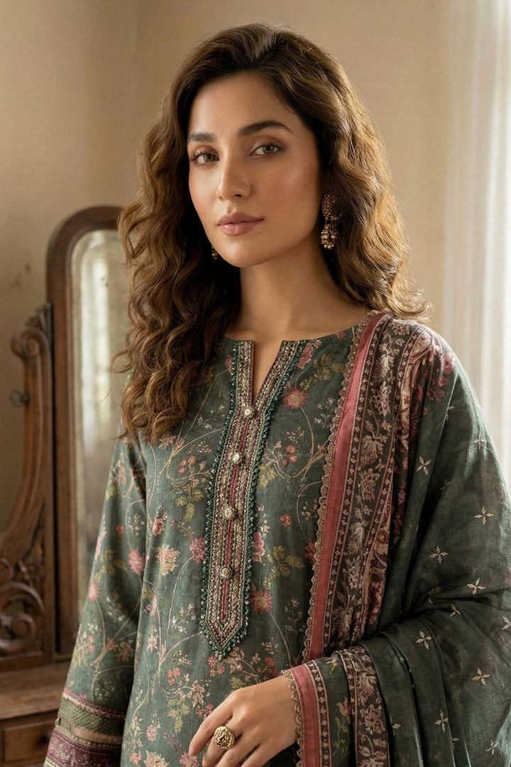 3 Piece Unstitched Feldgrau Green Premium Printed Lawn