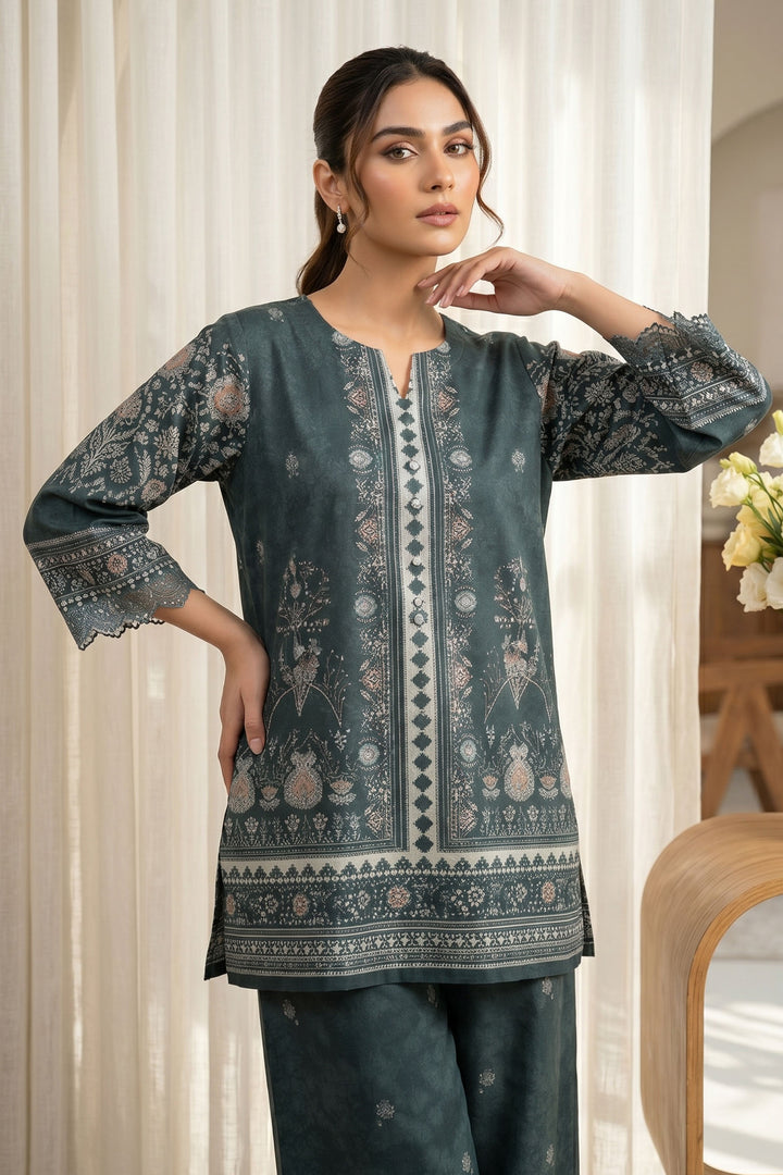 2 Piece Dark Teal Unstitched Printed Cambric Co-Ord Set