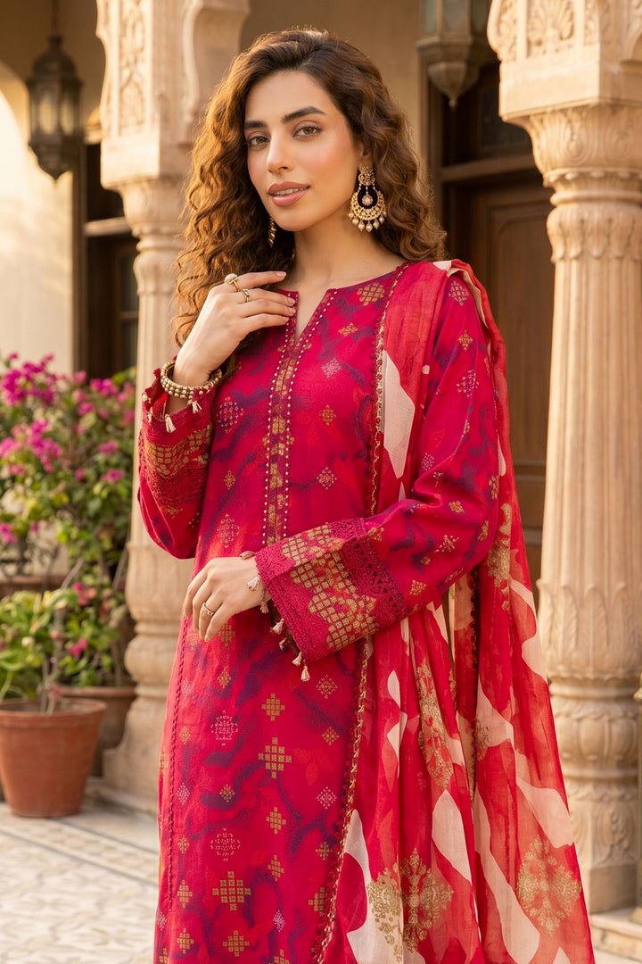 3 Piece Unstitched Red Premium Lawn