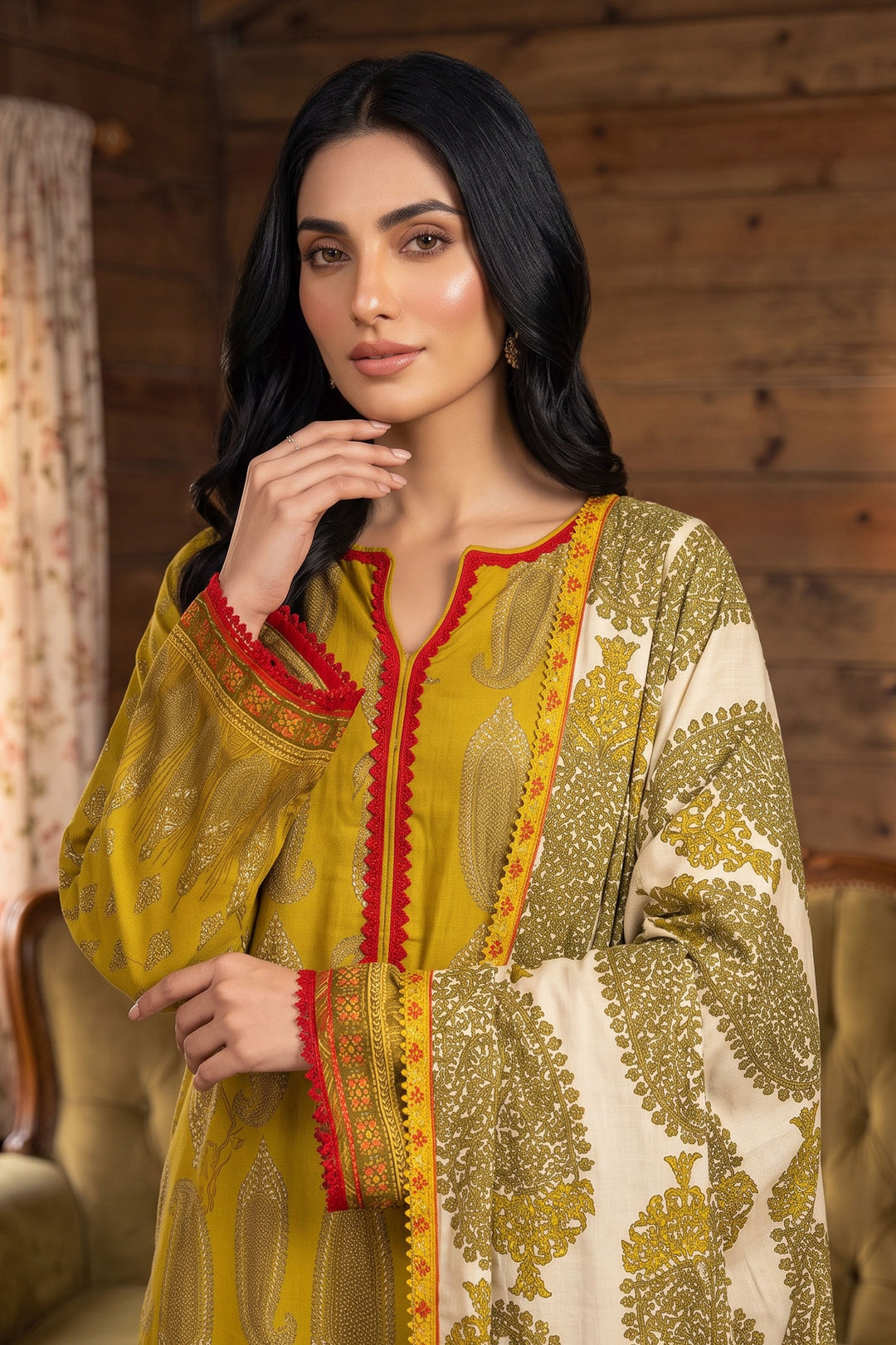 3 Piece Unstitched Olive Premium Linen