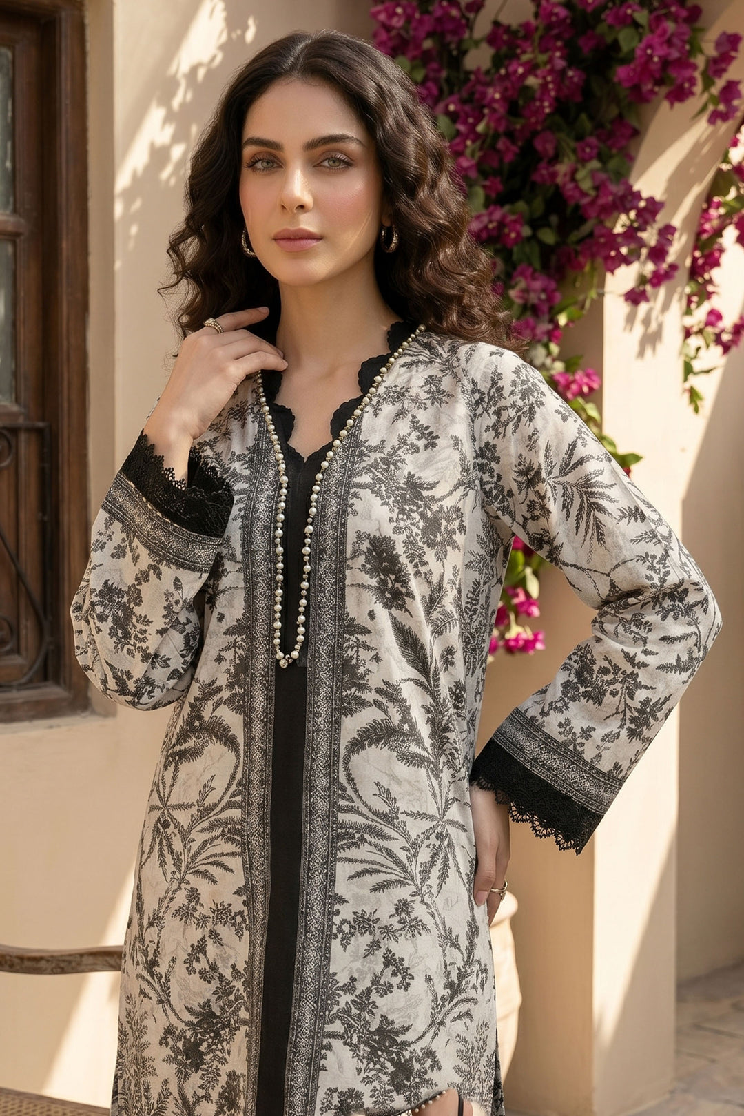 Black and White 2 Piece Unstitched Printed Cambric Co-Ord Set