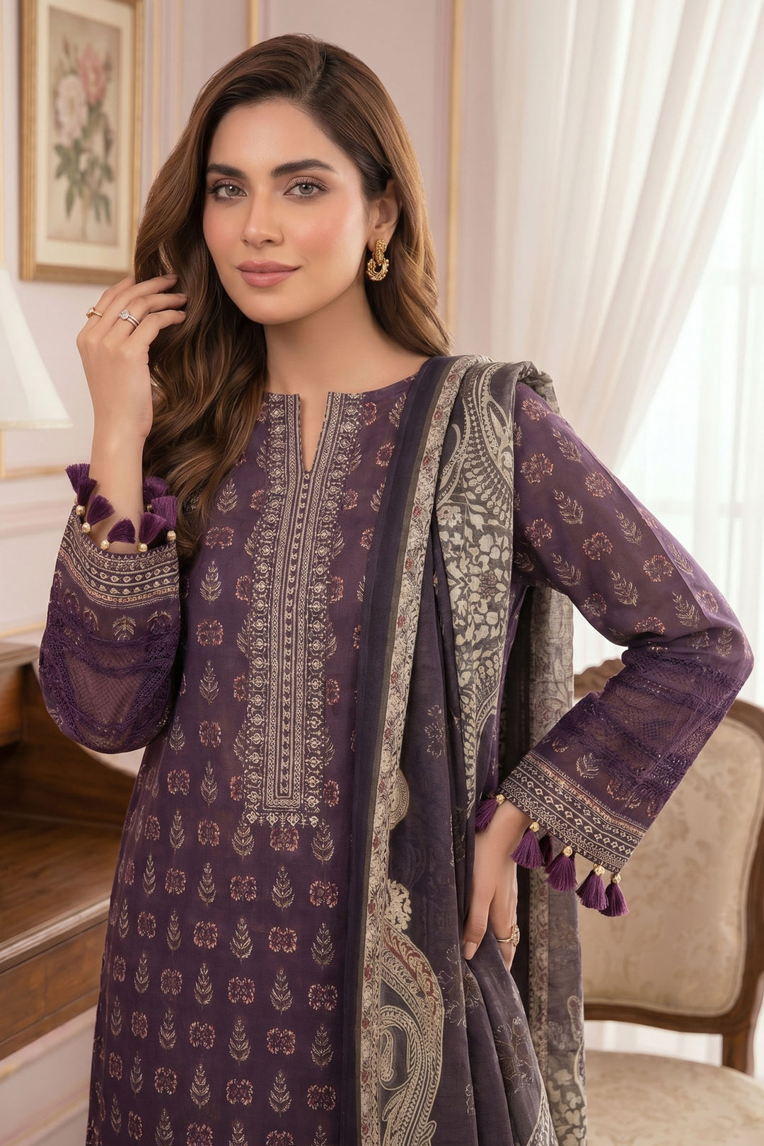 Purple 3 Piece Unstitched Premium Printed Lawn