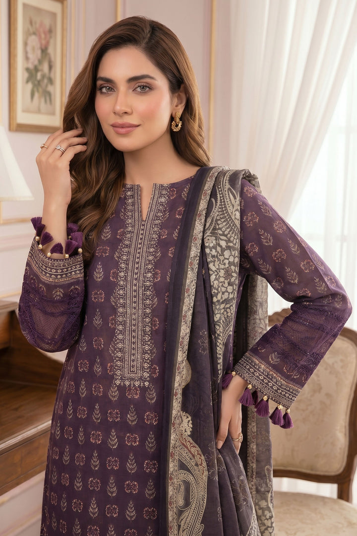 Purple 3 Piece Unstitched Premium Printed Lawn