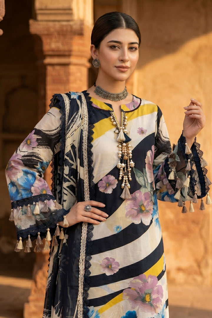 3 Piece Unstitched Black Premium Lawn