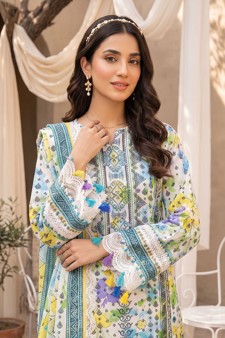 White 3 Piece Unstitched Premium Printed Lawn