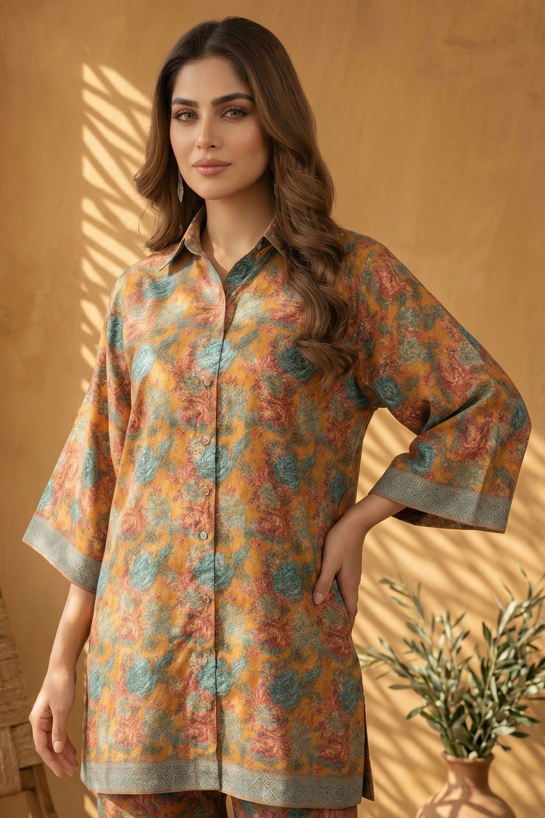 Dull Orange 2 Piece Unstitched Printed Cambric Co-Ord Set