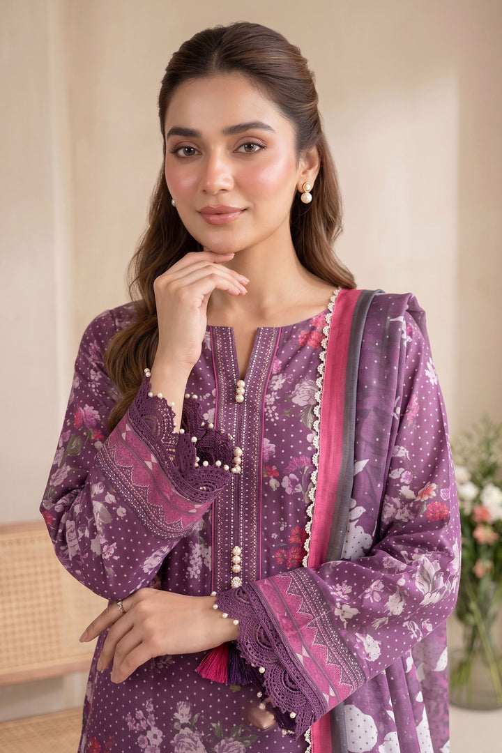 Purple 3 Piece Unstitched Premium Printed Lawn