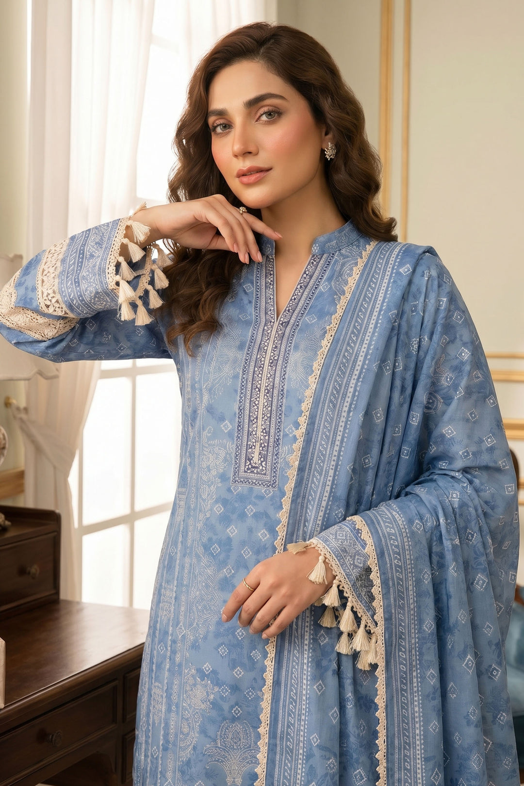 Sky Blue 3 Piece Unstitched Premium Printed Lawn