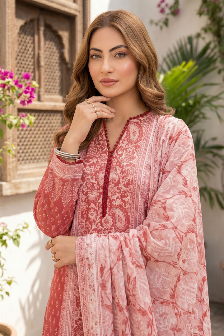 3 Piece Unstitched Red Premium Lawn