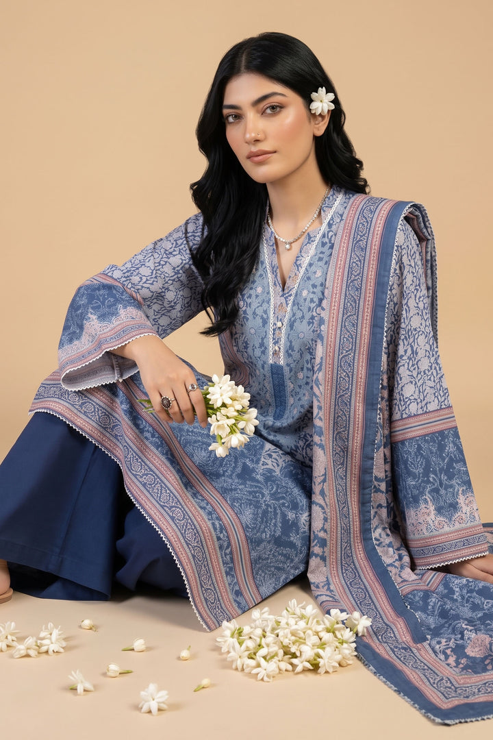 3 Piece Unstitched Denim Blue Khaddar