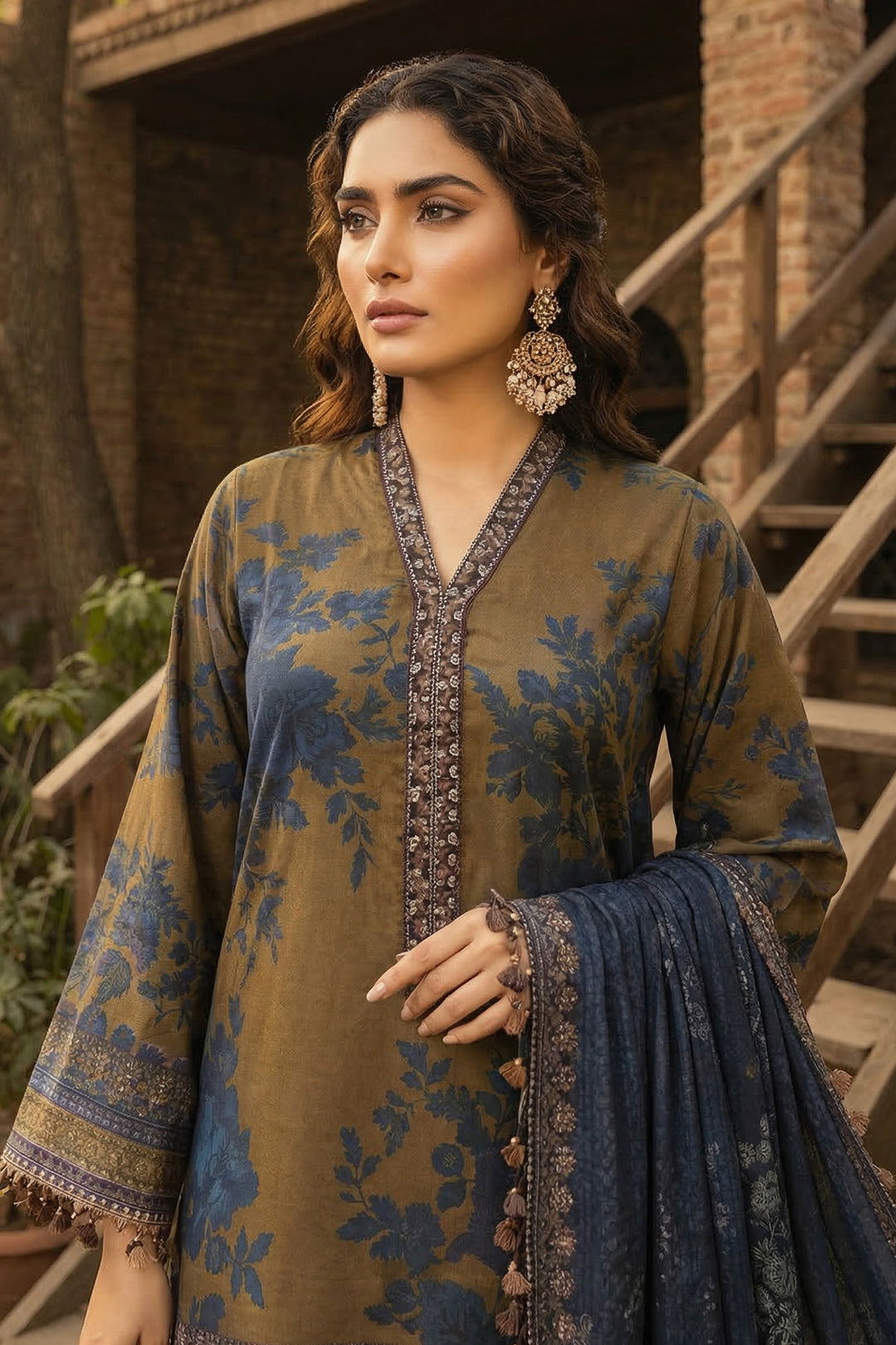 3 Piece Unstitched Brown Premium Printed Lawn