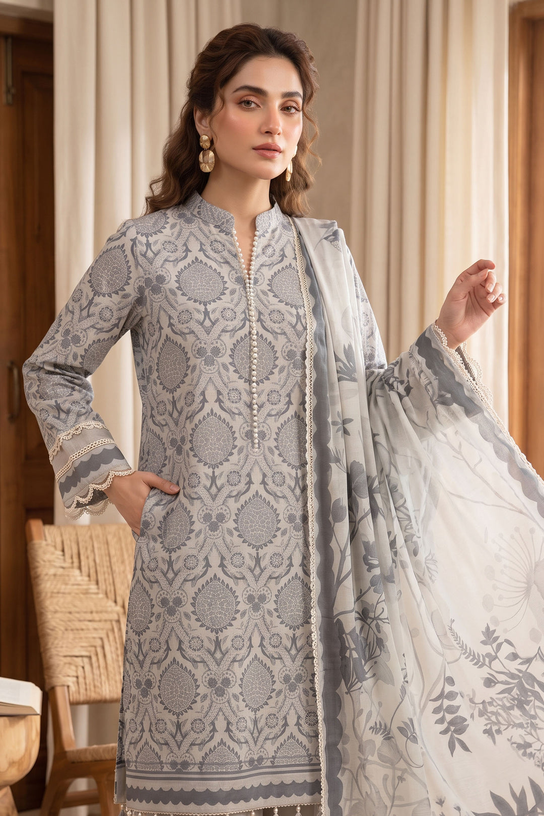 Gray 3 Piece Unstitched Premium Printed Lawn