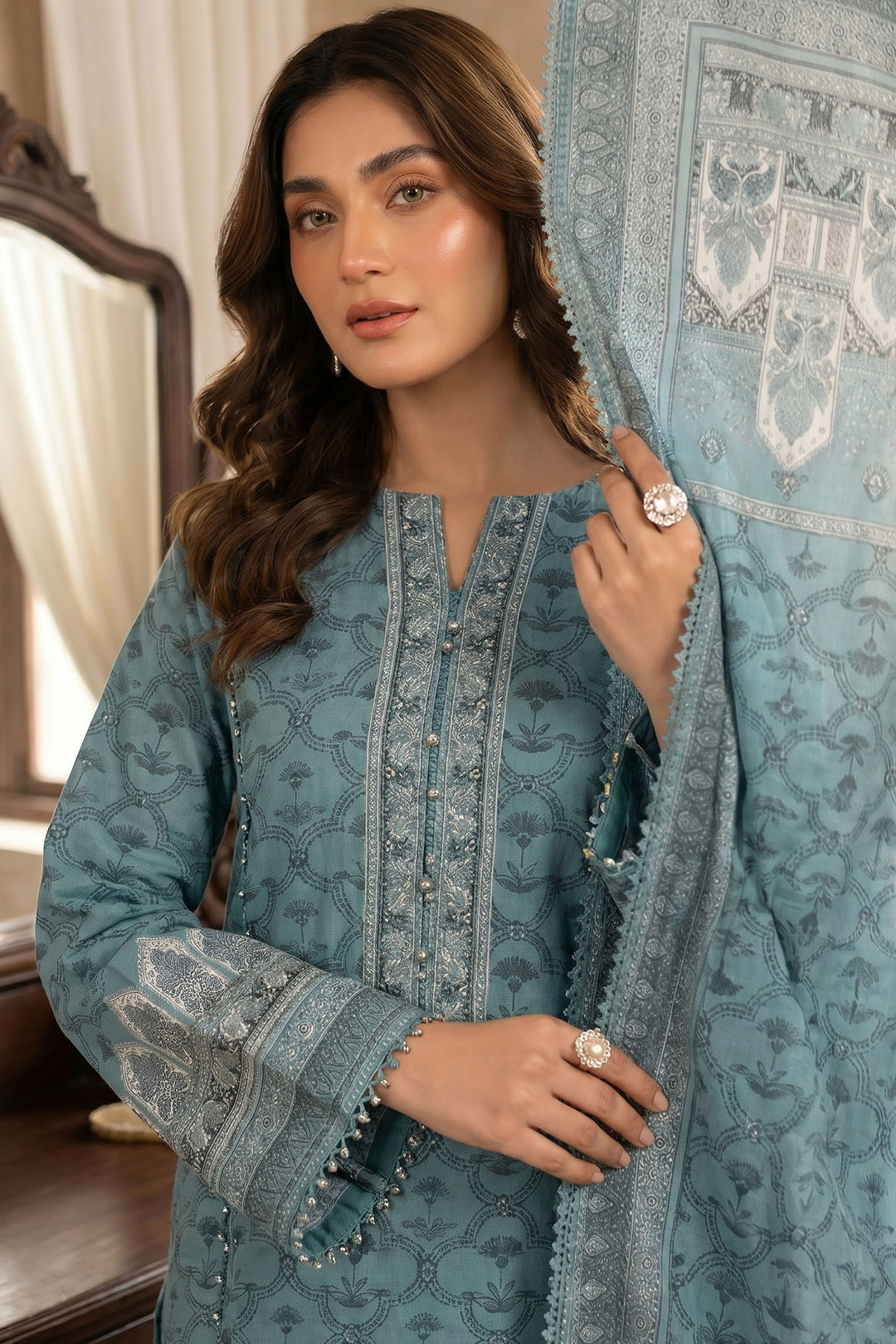 Greyish Teal 3 Piece Unstitched Premium Printed Lawn