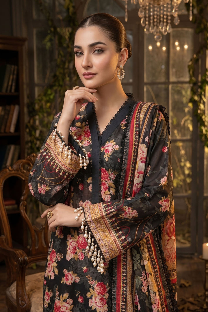 3 Piece Unstitched Black Premium Lawn