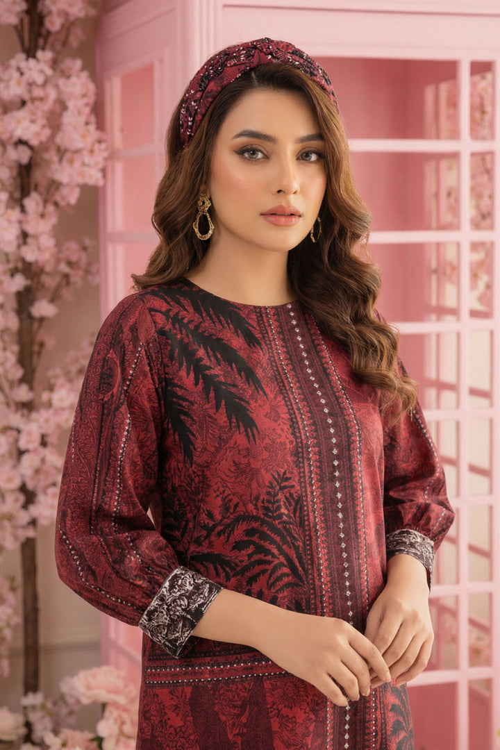 Wine 2 Piece Unstitched Printed Cambric Co-Ord Set