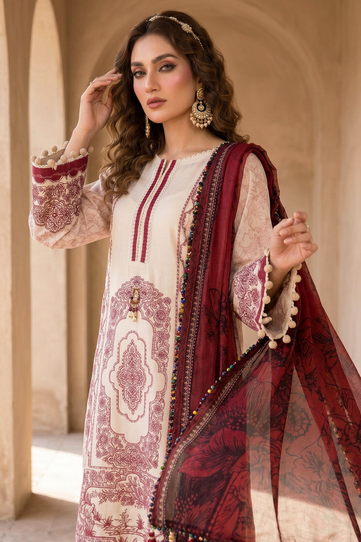 3 Piece Unstitched Beige Premium Lawn