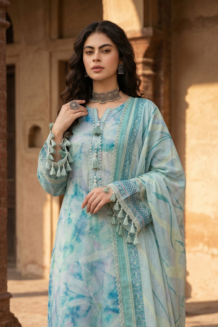 3 Piece Unstitched Aqua Blue Premium Lawn