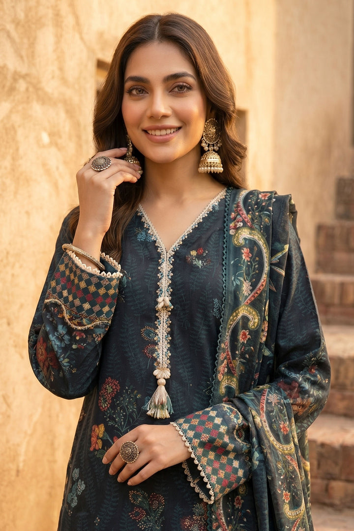 3 Piece Unstitched Black Premium Lawn