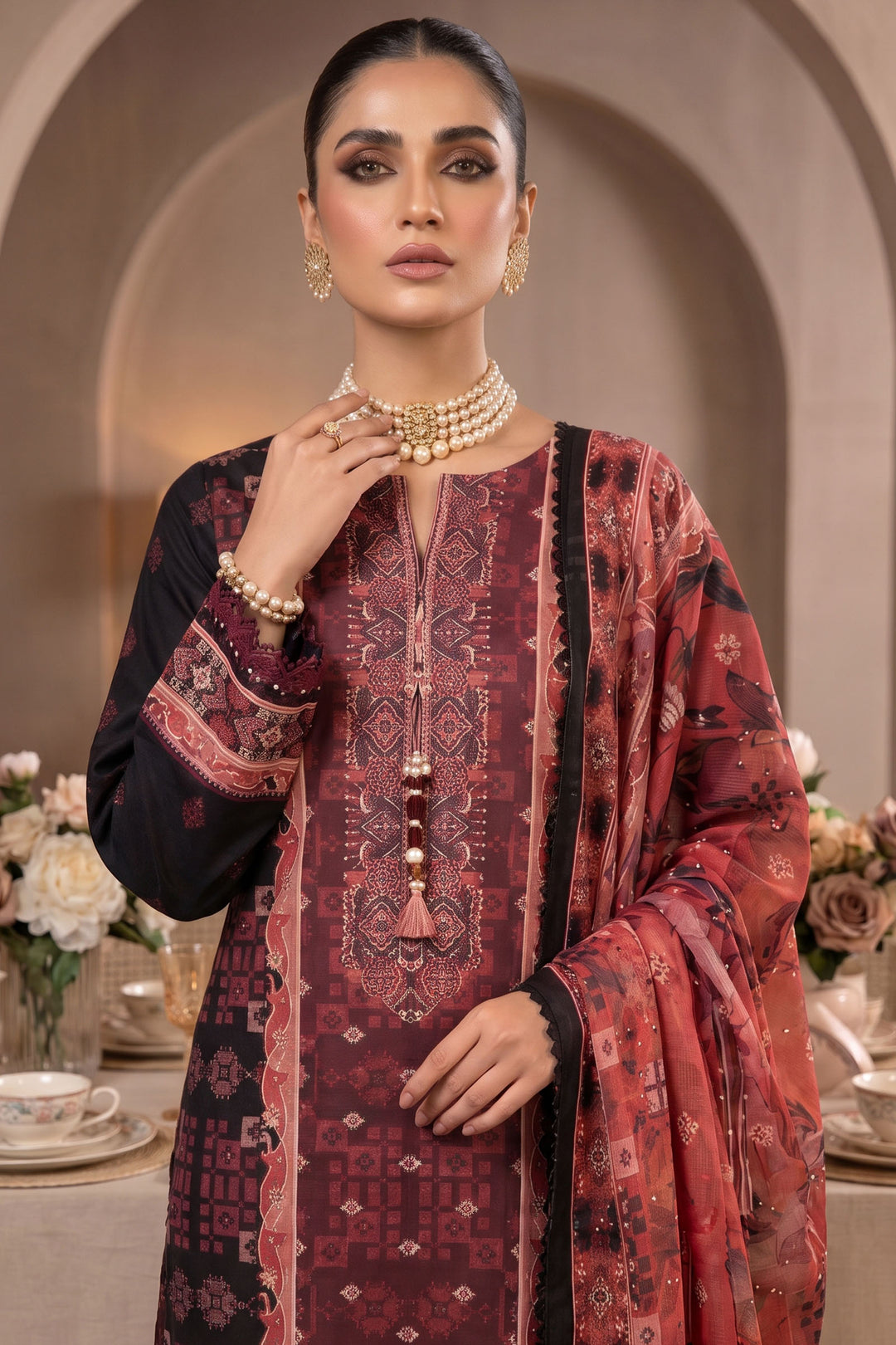Red &amp; Black 3 Piece Unstitched Premium Printed Lawn