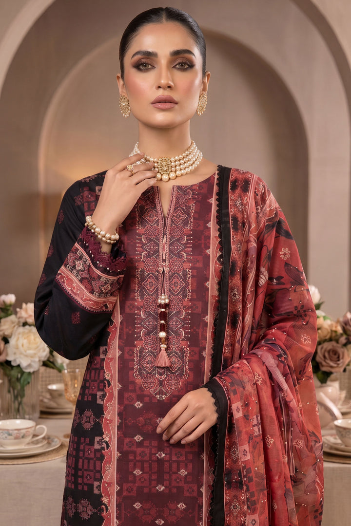Red &amp; Black 3 Piece Unstitched Premium Printed Lawn