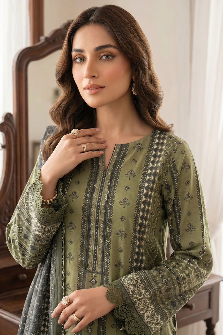 Olive Green 3 Piece Unstitched Premium Printed Lawn