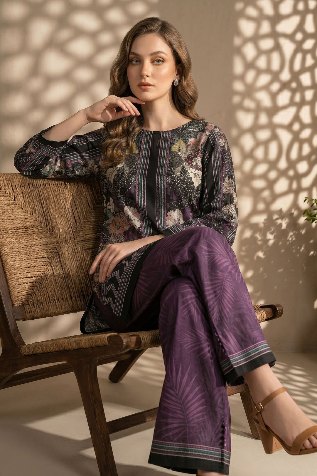 Dark Brown 2 Piece Unstitched Printed Cambric Co-Ord Set