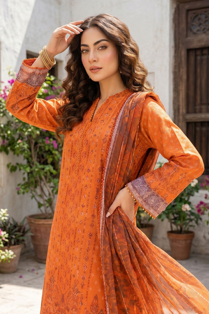 3 Piece Unstitched Orange Premium Lawn