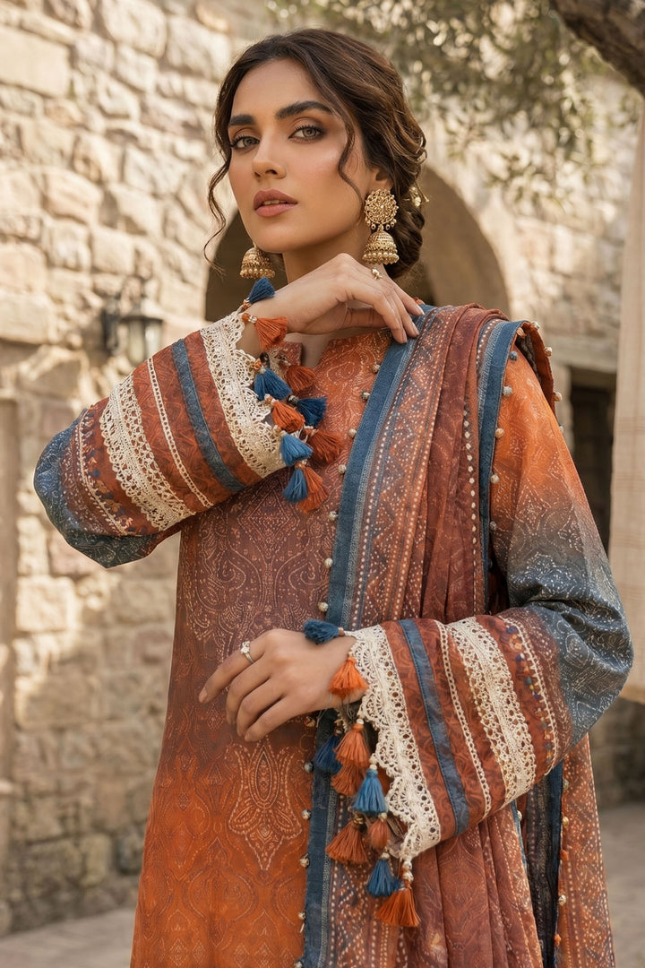 Orange 3 Piece Unstitched Premium Printed Lawn