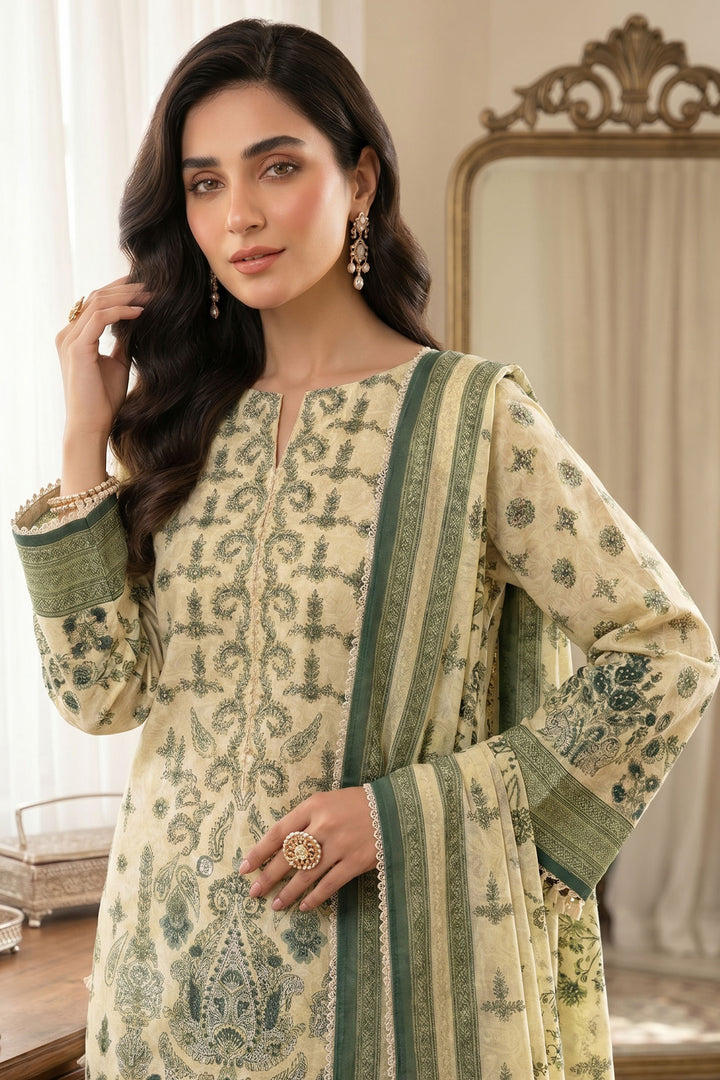 Light yellow 3 Piece Unstitched Premium Printed Lawn
