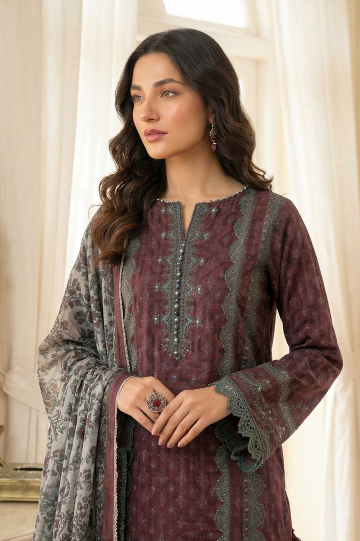 3 Piece Unstitched Deep Coffee Premium Printed Lawn
