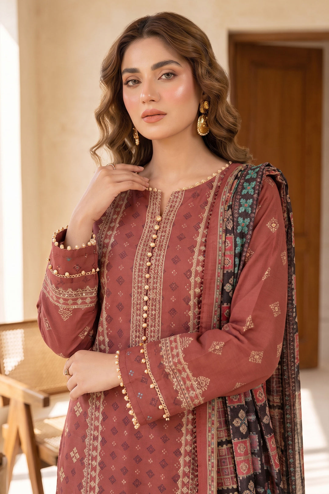 Brick Red 3 Piece Unstitched Premium Printed Lawn