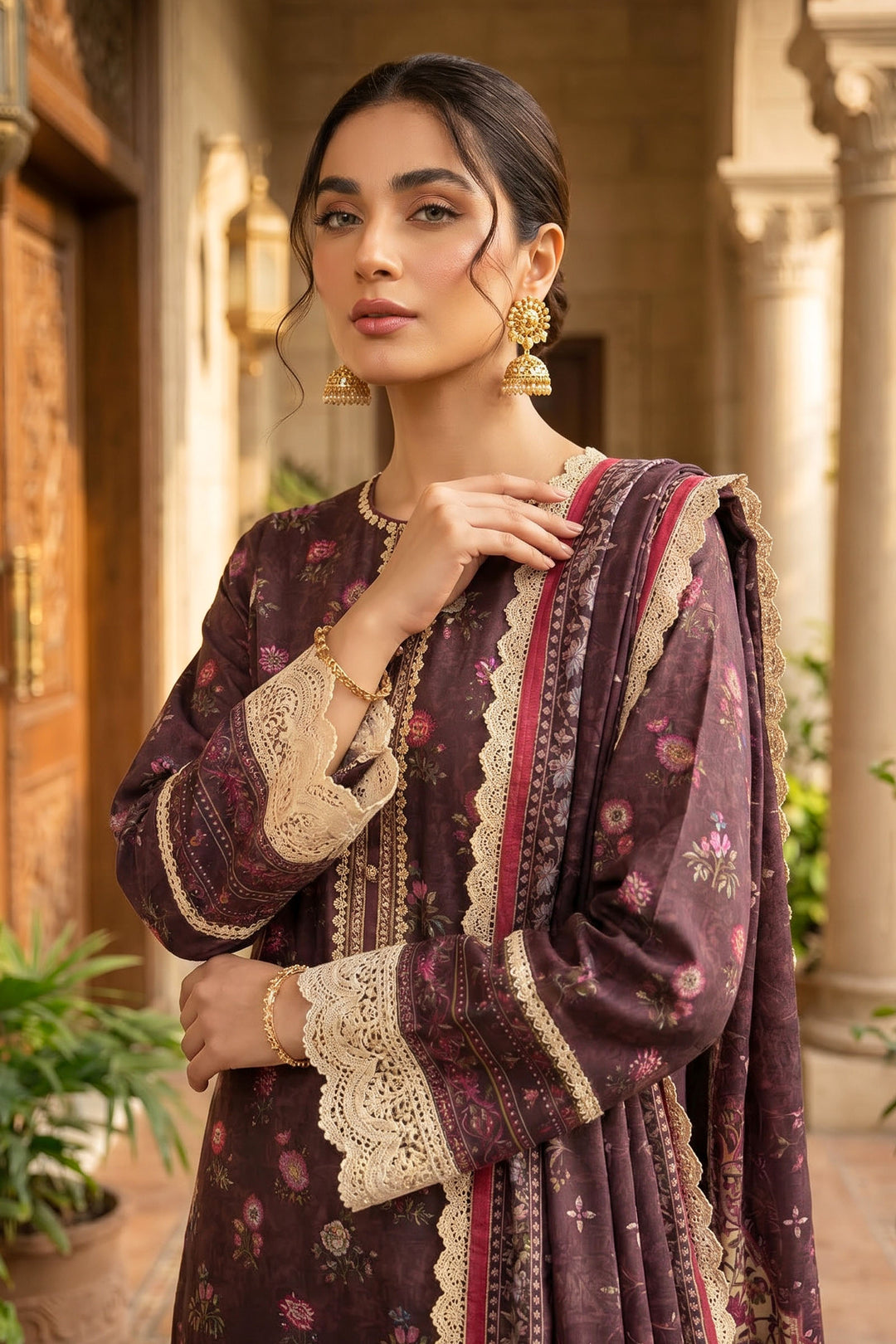 Wine 3 Piece Unstitched Premium Printed Lawn Suit By Jacquard Clothing Soha Afreen Summer Collection