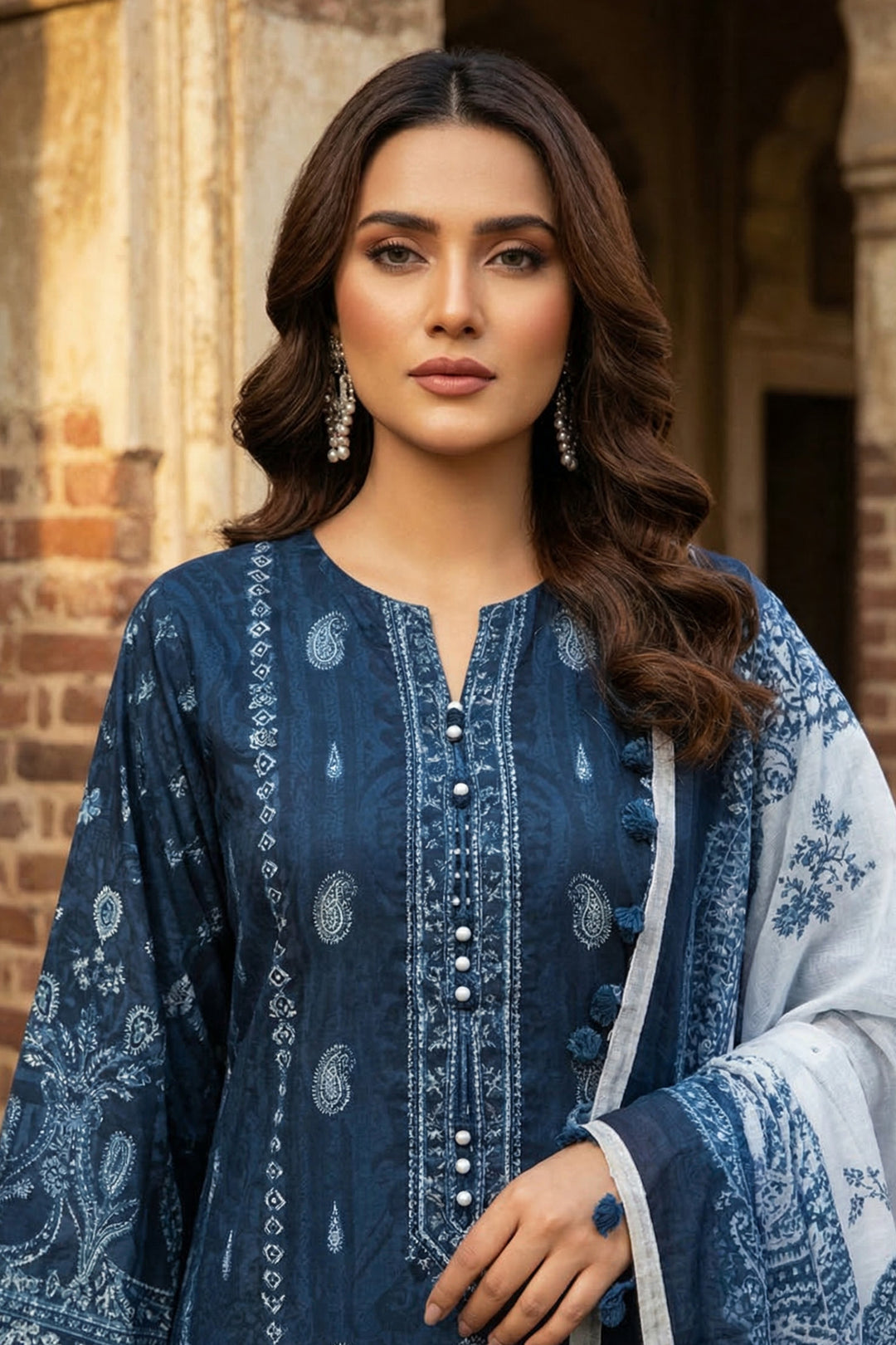 3 Piece Unstitched Blue Premium Printed Lawn