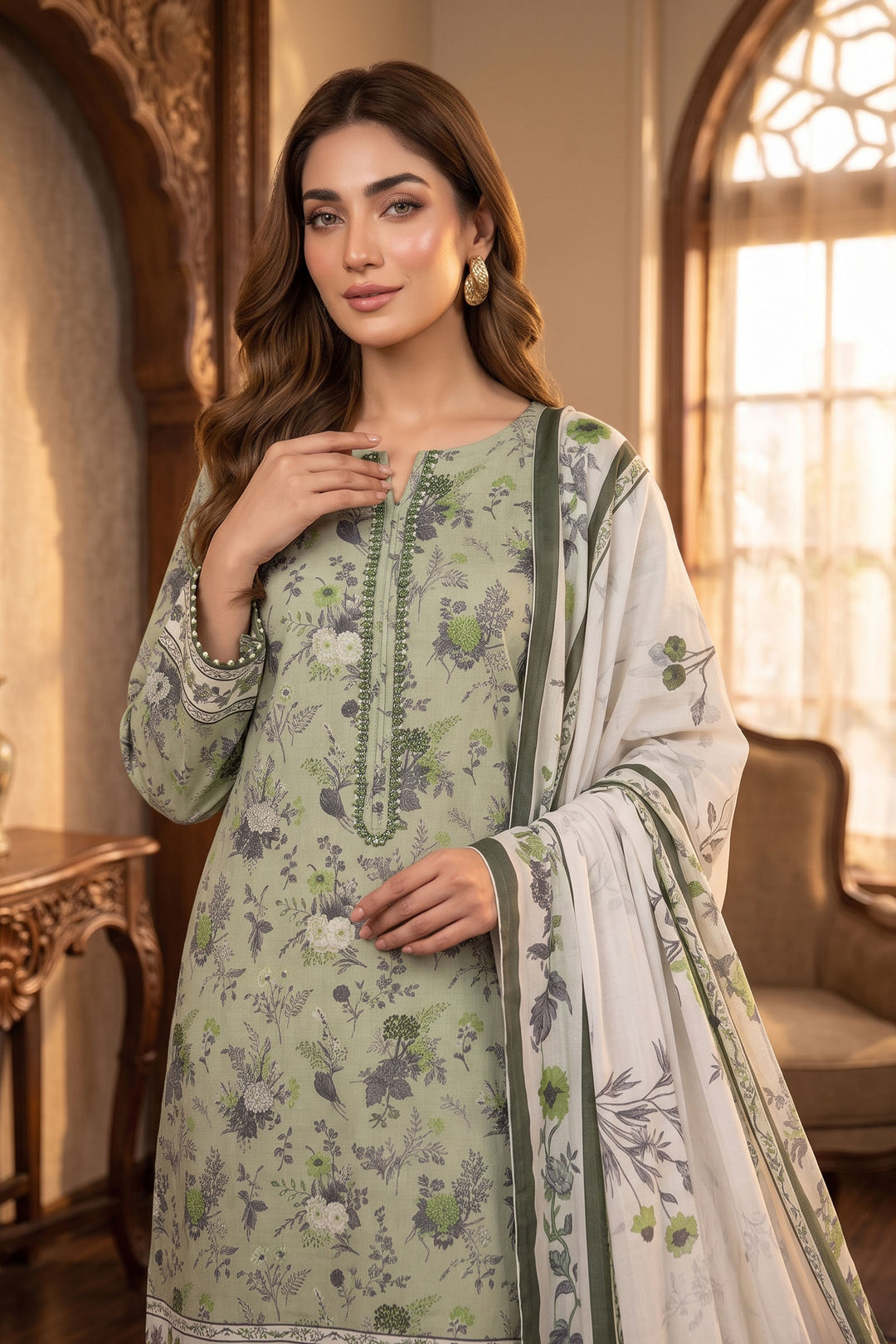 Pastel Green 3 Piece Unstitched Premium Printed Lawn