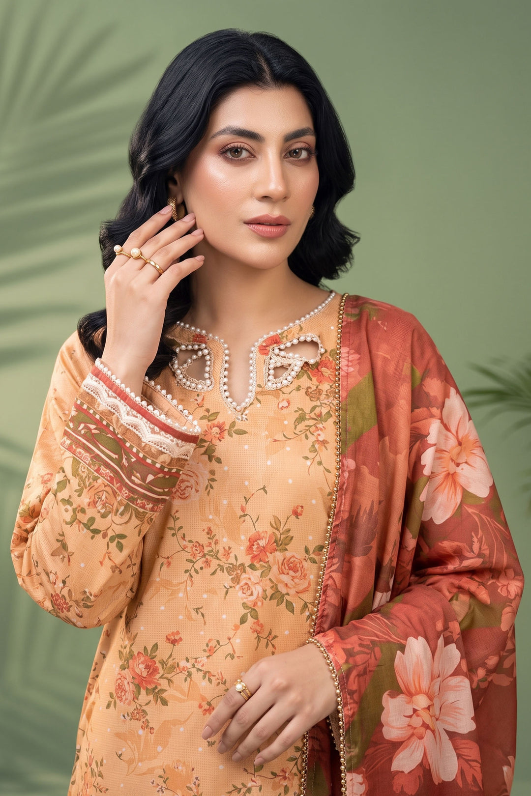 3 Piece Unstitched Orange Premium Linen