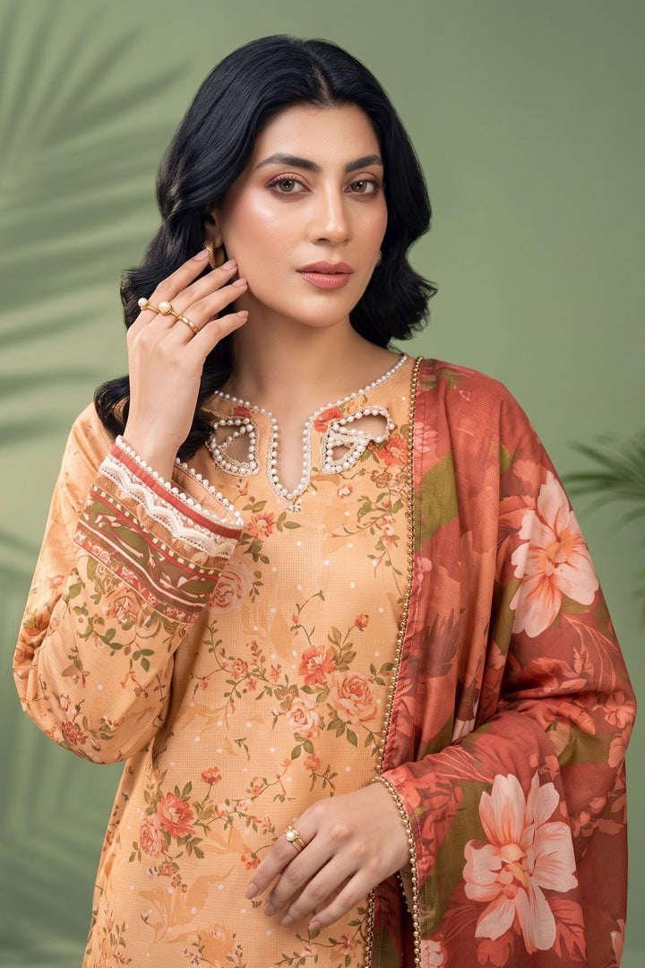 3 Piece Unstitched Orange Premium Linen