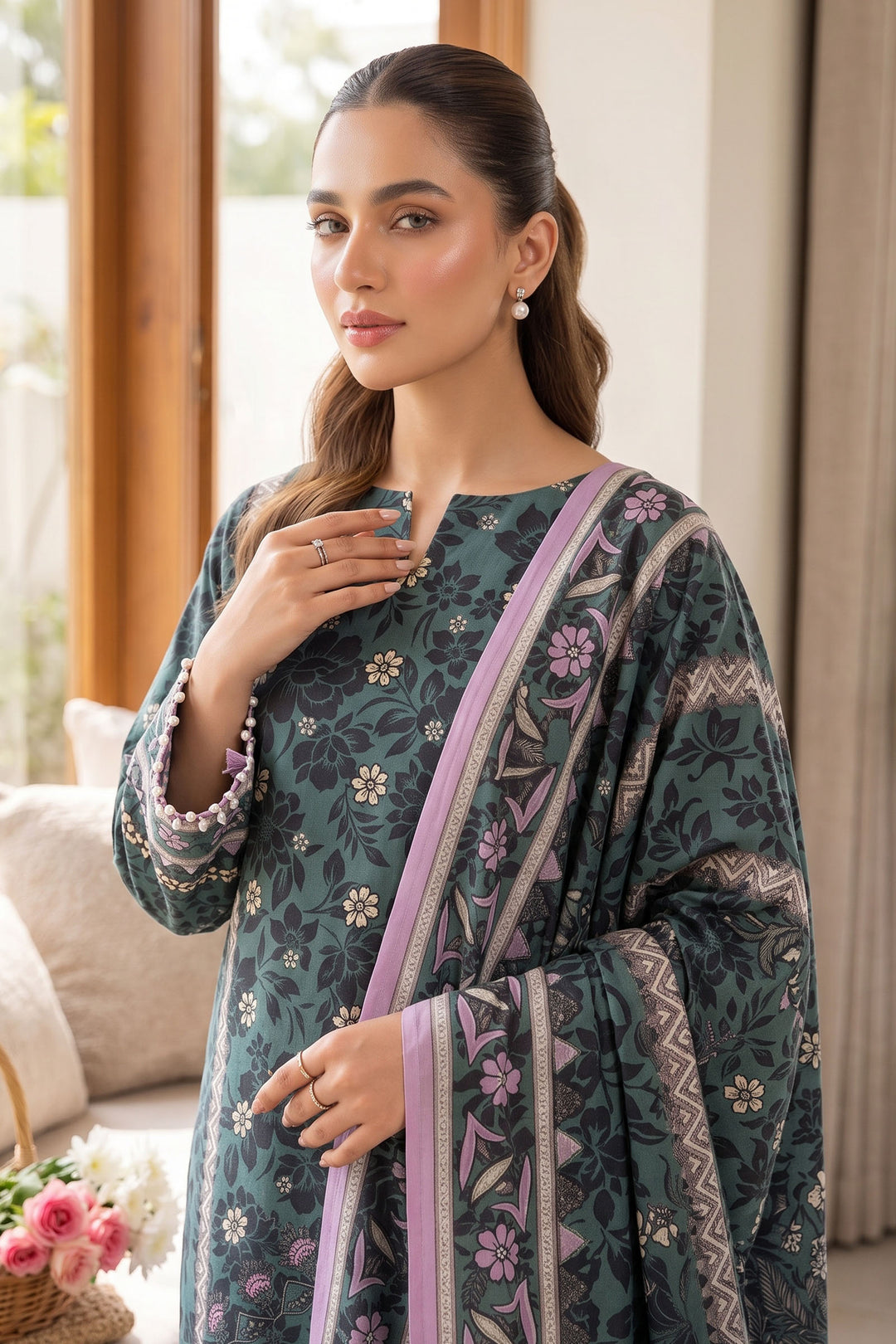 Green 3 Piece Unstitched Premium Printed Lawn