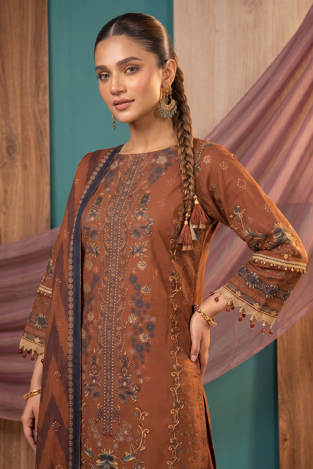 Dark Brown 3 Piece Unstitched Premium Printed Lawn
