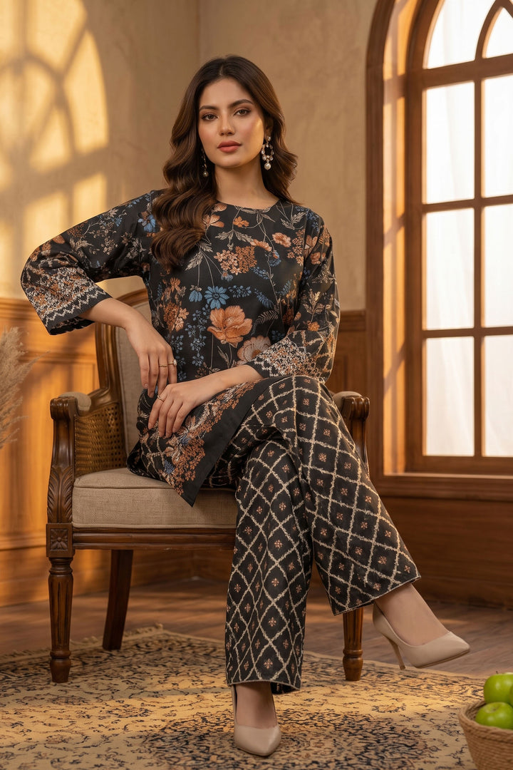 Black 2 Piece Unstitched Printed Cambric Co-Ord Set