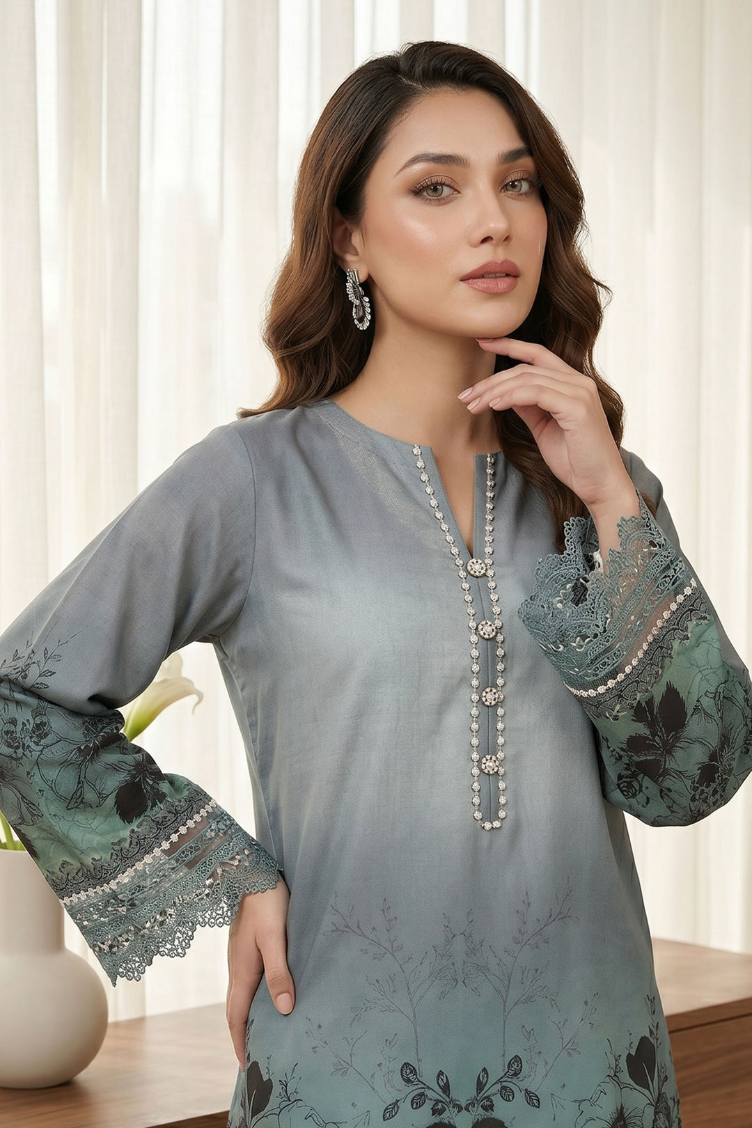2 Piece Blue Grey Unstitched Printed Cambric Co-Ord Set