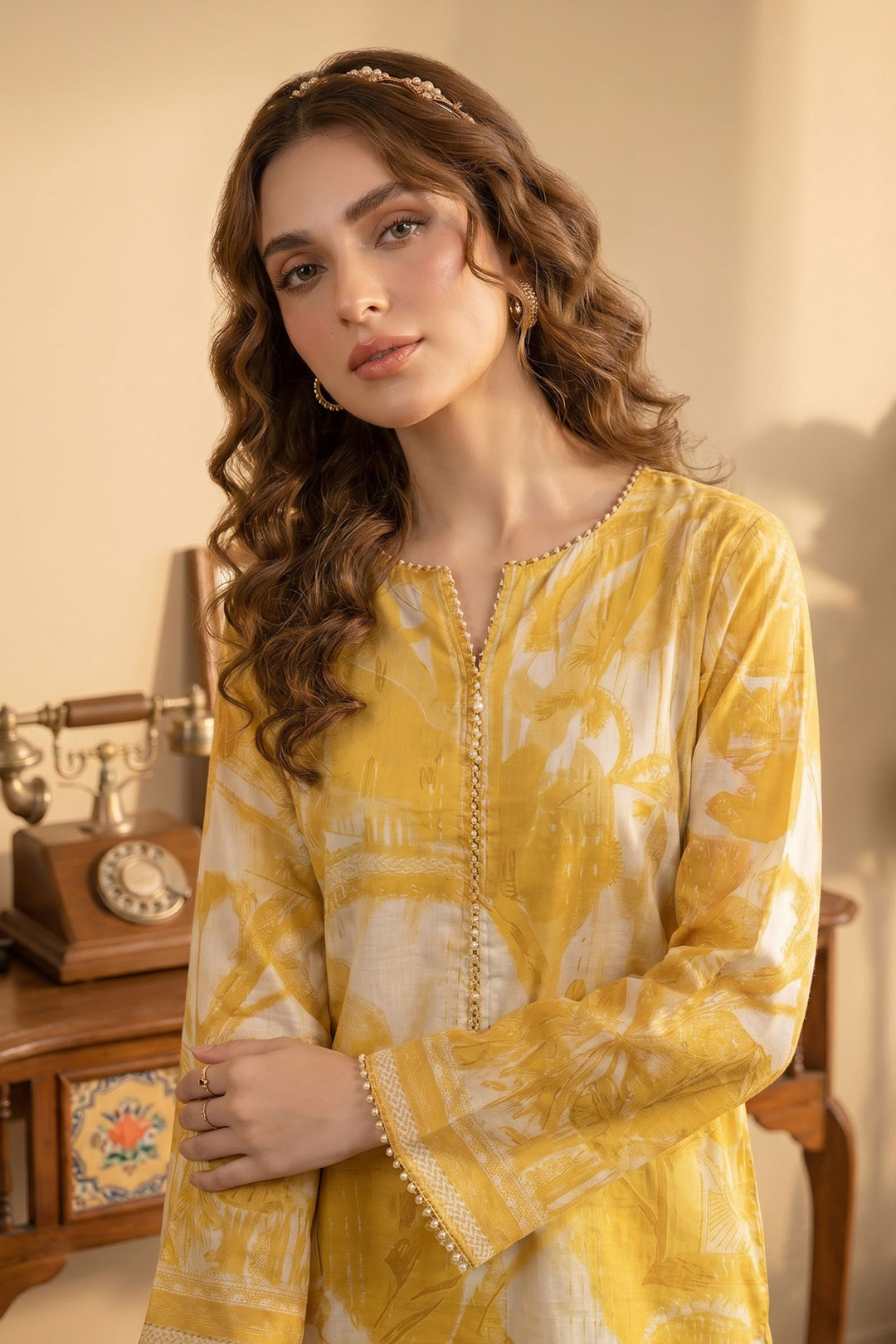 2 Piece Naples Yellow Unstitched Printed Cambric Co-Ord Set