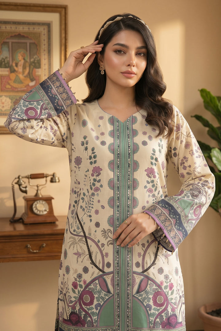 Beige 2 Piece Unstitched Printed Cambric Co-Ord Set