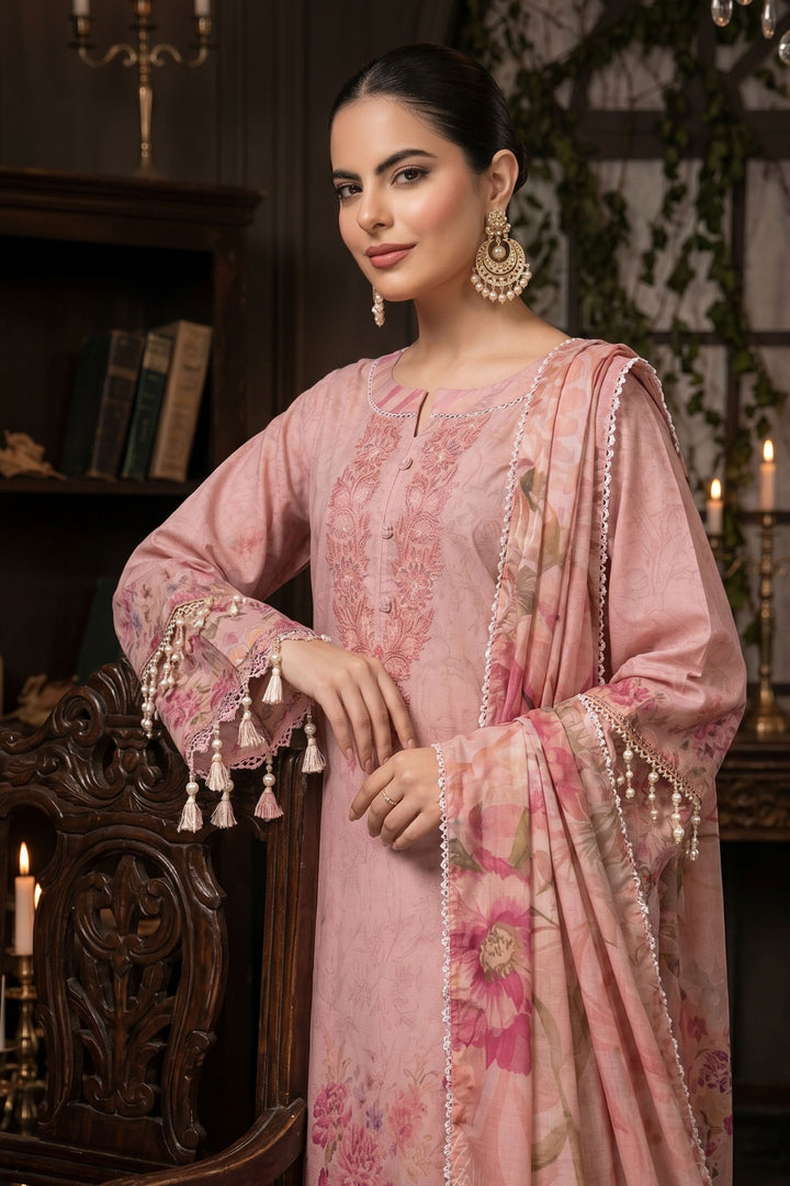 3 Piece Unstitched Pink Premium Lawn