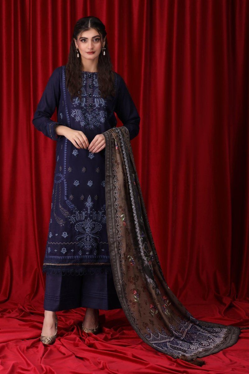 3 Piece Navy Blue Unstitched Khaddar - Jacquard Clothing