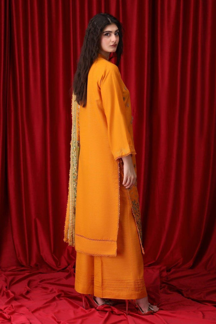 3 Piece Pumpkin Yellow Unstitched Khaddar - Jacquard Clothing