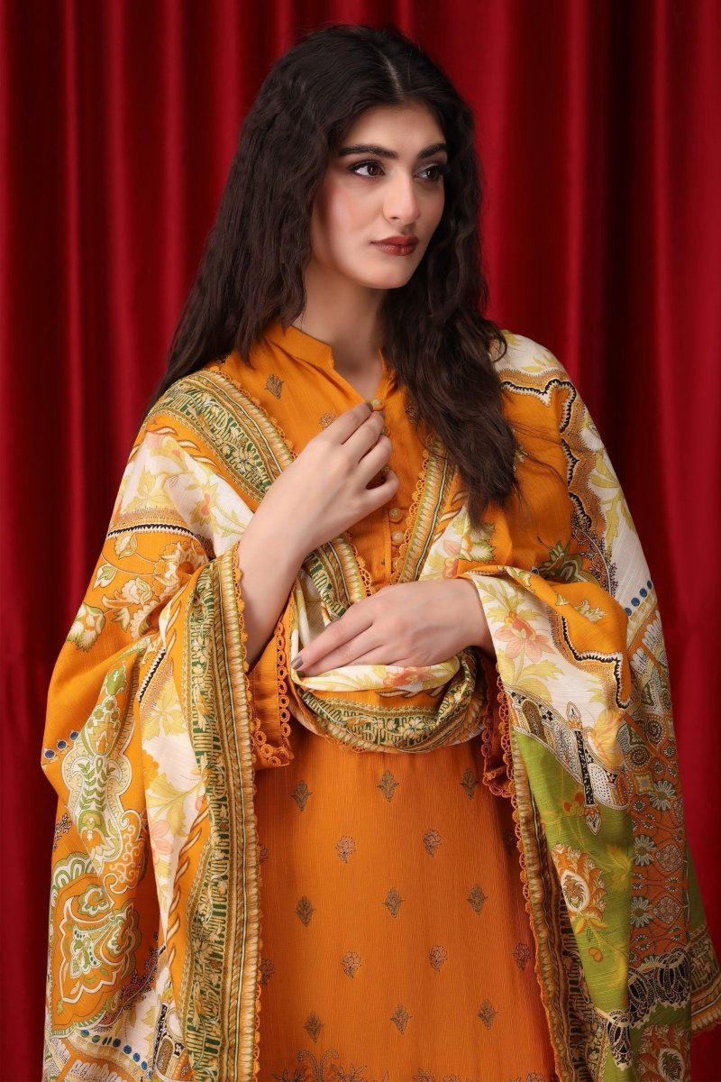 3 Piece Pumpkin Yellow Unstitched Khaddar - Jacquard Clothing