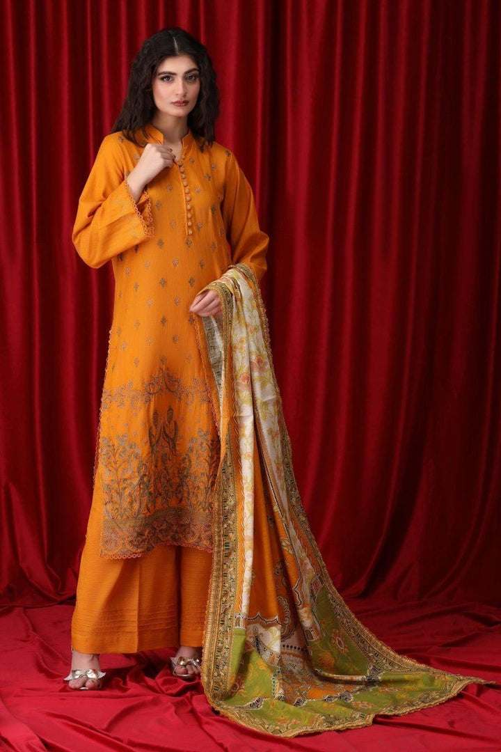 3 Piece Pumpkin Yellow Unstitched Khaddar - Jacquard Clothing