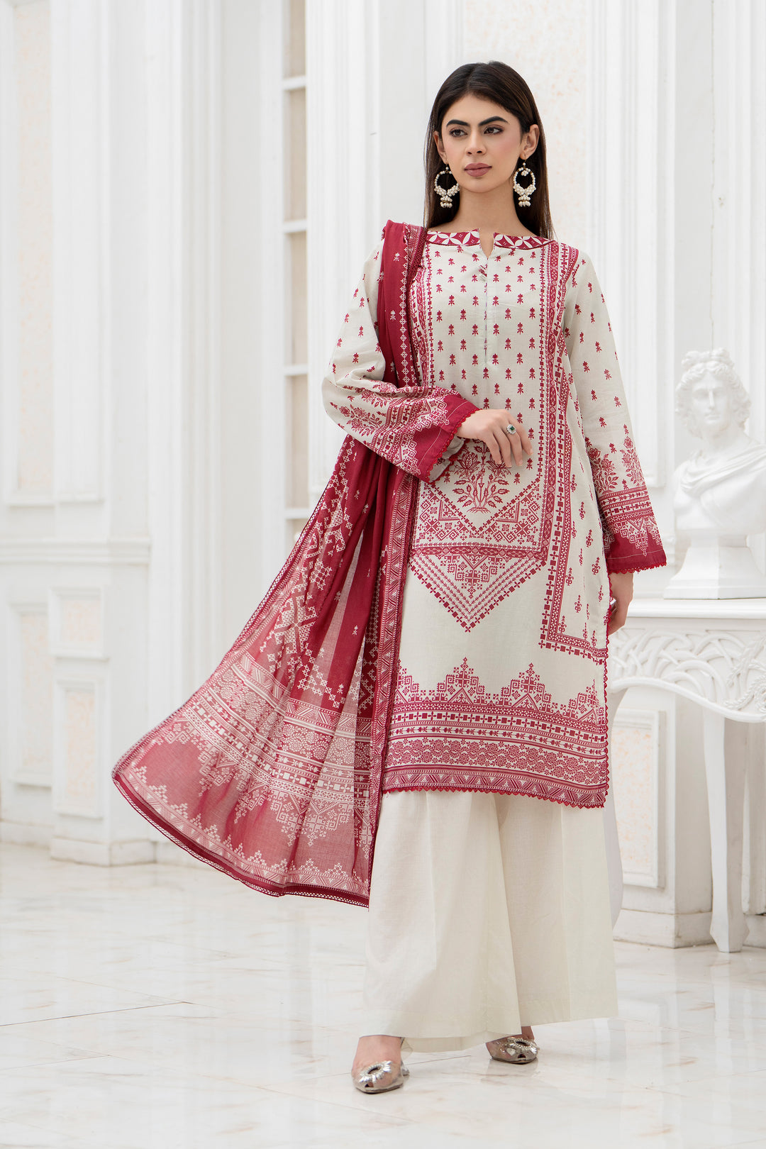 3Pc Unstitched Off White Lawn - SU25V30-S3 - JACQUARD CLOTHING